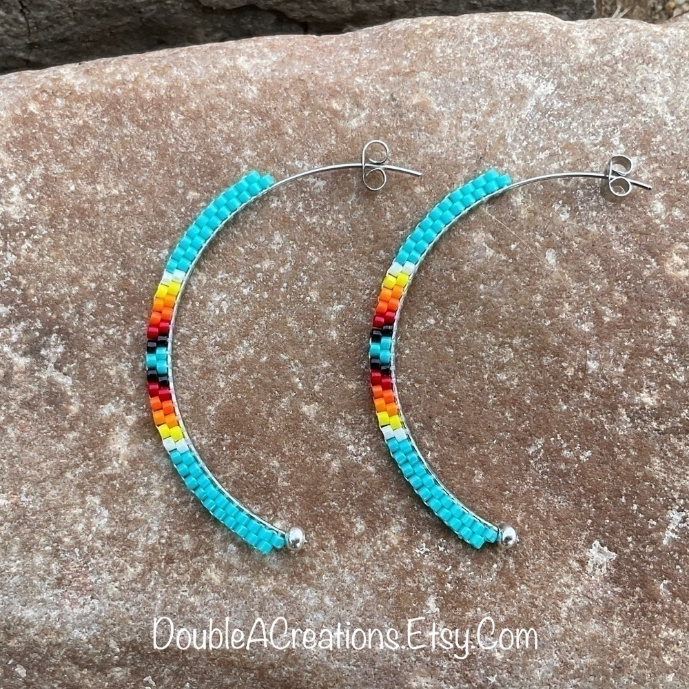 Turquoise & Native Beaded Half Hoops, New, Handmade by Me